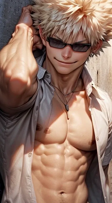 Bakugou Katsuki looking at the viewer with open shirt and muscular arms and body, wearing a necklace and sunglasses, smirking