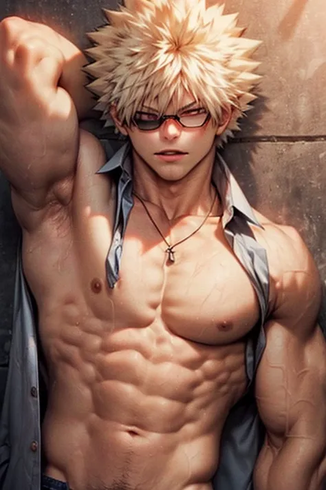 Bakugou Katsuki looking at the viewer with ((open shirt)) and muscular arms and ((washboard abs)), wearing a necklace and sunglasses, horny sexual expression