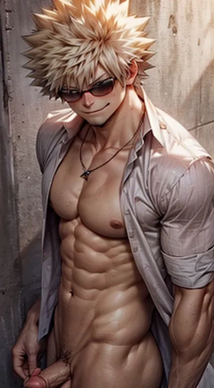 Bakugou Katsuki looking at the viewer with open shirt and muscular arms and body, wearing a necklace and sunglasses, smirking and blushing, naked penis