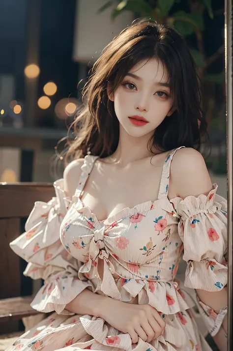 Sweet girl clothes6,print dress,, fashi-girl, red lips, mature female, makeup, Big eyes, Pretty eyes, ((full body)), ((Random shooting angles)), (best quality, masterpiece:1.2), ultra-detailed, (realistic:1.37), beautiful, youthful, glamorous model with (d...