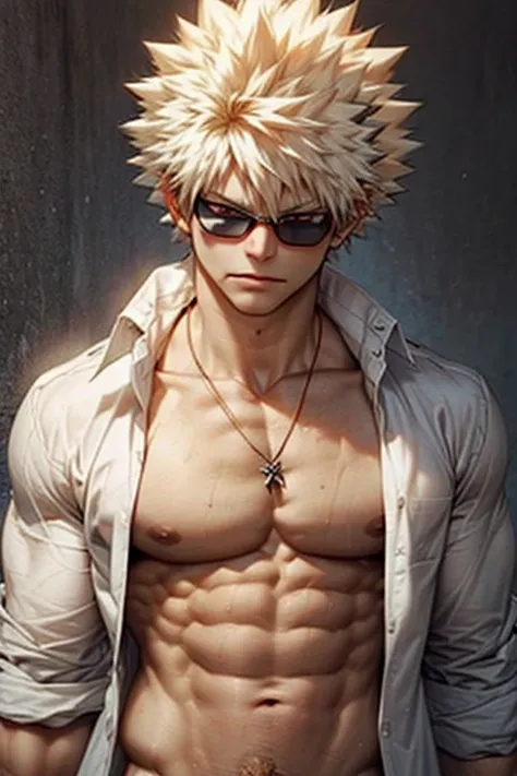 Bakugou Katsuki looking at the viewer with ((open shirt)) and muscular arms and ((washboard abs)), wearing a necklace and sunglasses, horny sexual expression, naked penis