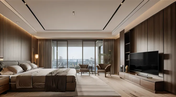 penthouse interior, ,residential interior bedroom,modern style, with a view of the city, outside the house there a swimming pool...