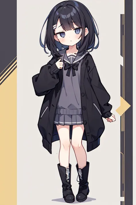 (masterpiece, best quality), 1girl, solo, 14 years old, emaciated, small breast, kawaii, expressionless, black medium hair, messy hair, thin eyebows, black cardigan, long sleeves, plkirt, boots, full body, standing, looking at viewer, pattern background