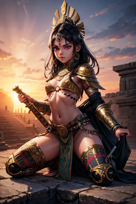 young aztec teen girl, ancient aztec warrior, wielding a sword,  evil look,,combat stance, facepaint, bodypaint, sexi, small breasts, ancient aztec battle dress and armor, aztec pyramide in background, highly detailed, vibrant appearance, creative behavior...