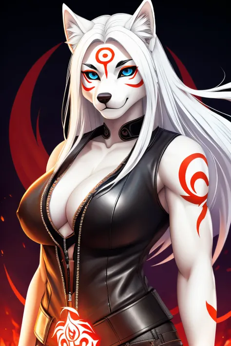 amaterasu (okami), wolf face, blue eyes, anthro, anthrofied, leather clothing, black nose, clothed, clothing, female, fully clothed, fur, hair, inner ear fluff, long hair, looking at viewer, solo, tuft, white body, white fur, white hair, muscular belly, mu...