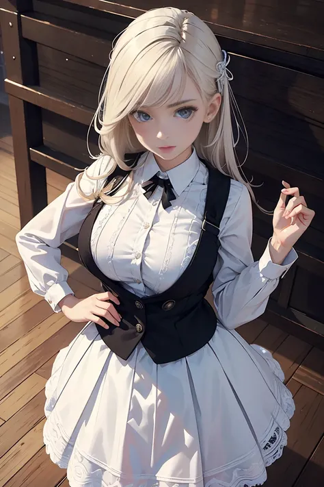 No coat，Girl seen from the floor, Its okay to wear a skirt, look from down, I can see mine, medium, ((The  very detailed)), (The details of the face are perfect), (Very detailed hands), photorealistic image,white colors,a skirt,huge lace