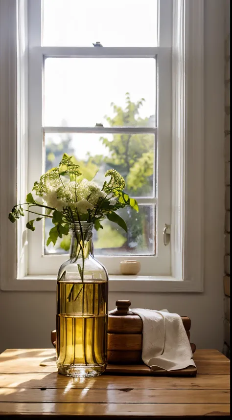 there  a bottle of white wine on the table、a picture frame and bread, napkins and wine glasses,  window lighting , background cu...