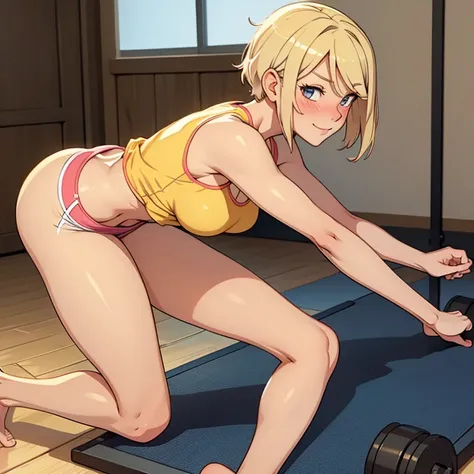 A fullbody image of a beautiful barefoot  happy blushing blonde woman wearing short workout clothes.