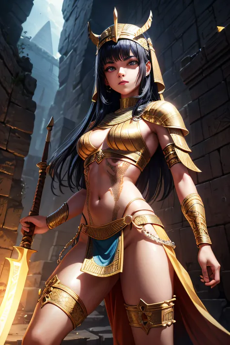 young egyptian teen girl, ancient egyptian warrior, wielding a khopesh  evil look,,combat stance, facepaint, bodypaint, sexi, small breasts, ancient egyptian battle dress and armor, pyramide in background, highly detailed, vibrant appearance, creative beha...