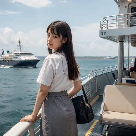 Japanese girl, ship departure, on deck, passenger vessel