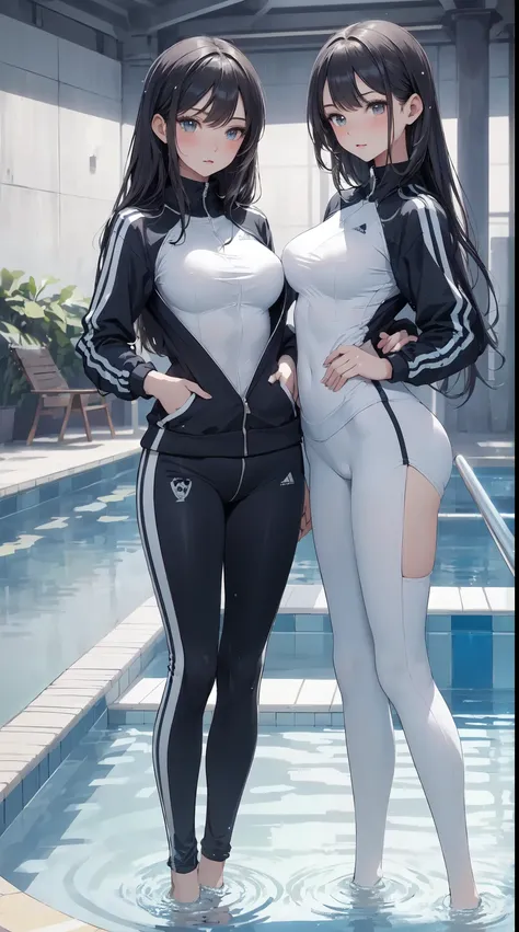 (tmasterpiece:1.3), quality, quality, Delicate and beautiful:1.2, ((3个女孩)), pools of water, track suit，upper legs
(The three girls have perfect figureirm, beautiful shape, long slim figure)),(upperbody shot:1.1), (seen from the front:1.3), (looking at view...