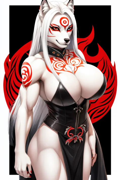 amaterasu (okami), wolf face, red eyes, anthro, anthrofied, leather clothing, black nose, clothed, clothing, female, fully clothed, fur, hair, inner ear fluff, long hair, looking at viewer, solo, tuft, white body, white fur, white hair, muscular belly, mus...