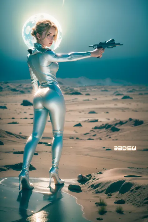 arafed woman in a space suit holding a gun in a desert, as a retro futuristic heroine, kylie minogue as barbarella, as a retrofuturistic heroine, silver space suit, hajime sorayama style, “ femme on a galactic shore, inspired by hajime sorayama, abbey lee ...