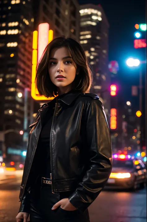 Portrait of Nattorp as a beautiful female model, Georgia Fowler, Beautiful face, with short dark brown hair, in cyberpunk city at night. She is wearing a leather jacket, Black jeans, Dramatic Lighting, (police badge:1.2)