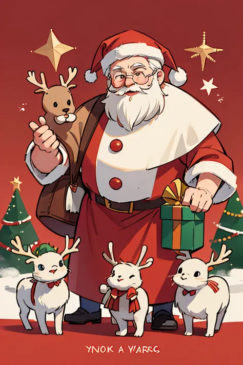 Santa Claus  an amiable old man, put on red coat，with a white beard. He  carrying a big bag full of gifts, Sleigh ride and reindeer ride, And gave gifts to the children who behaved well on Christmas Eve.