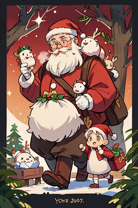 Santa Claus  an amiable old man, put on red coat，with a white beard. He  carrying a big bag full of gifts, Sleigh ride and reindeer ride, And gave gifts to the children who behaved well on Christmas Eve.