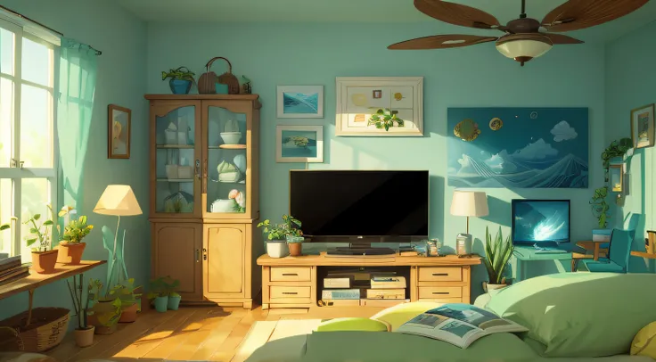 tmasterpiece，Best quality，the sea song， （Plant sheds：1.3）， a plant， sofe，tv show，fish tank， inside a room， liveroom，glass， s ， textur， 2D illustration，