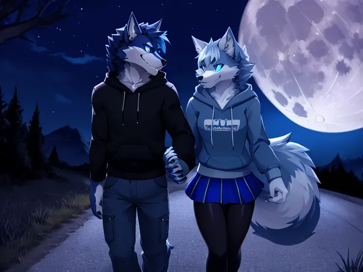 1werewolf anthro girl, 1werewolf anthro boy, Grey werewolfs, walking, holding hands, wolf girl wear long blue skirt, wolf boy wear black hoddie and blue pants, blu eyes, night, full Moon, best quality, Masterpiece