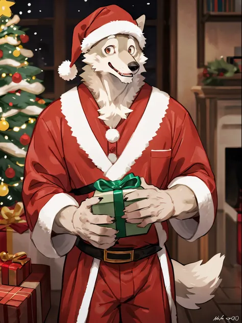 ((By Bebebebebe, by K0BIT0WANI, by Wfa, best quality, masterpiece, perfect anatomy, detailed picture)), anthro, young boy, kemono, wolf, brown furs, tail, dark brown eyes, smile, in the living room, christmas decoration, Christmas tree in the background, b...