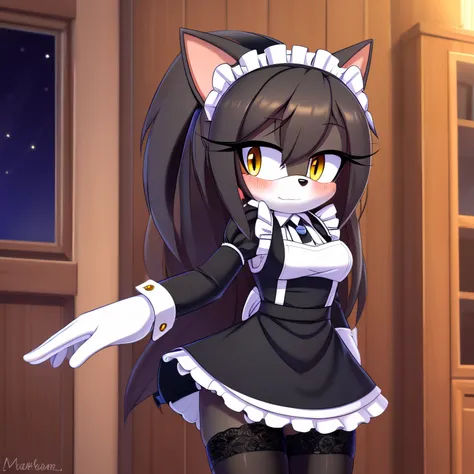 Mobian, female, hedgehog, grayish black fur, long hair, feminine eyelashes, medium breasts, hair bangs, perfect feminine figure, intricate details, (detailed background:1.3), anime style, night, inside house, sharp focus, blushing, embarrassed, standing, f...