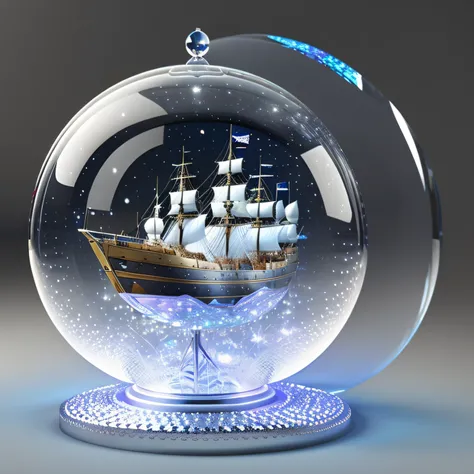 RPG model ,Bubble | concept glasses, A rare and beautiful ship made of crystal stands on the stand , Diamonds can be seen on the side of the hull , The ship is shiny , Front light.