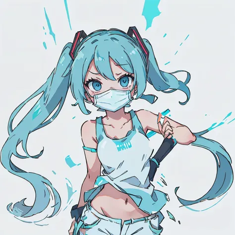 Hatsune miku wear white tank top, wear shorts blue pants, and she wear white mouth mask