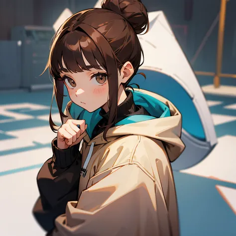 Brown hair bun hair、wearing hoodies