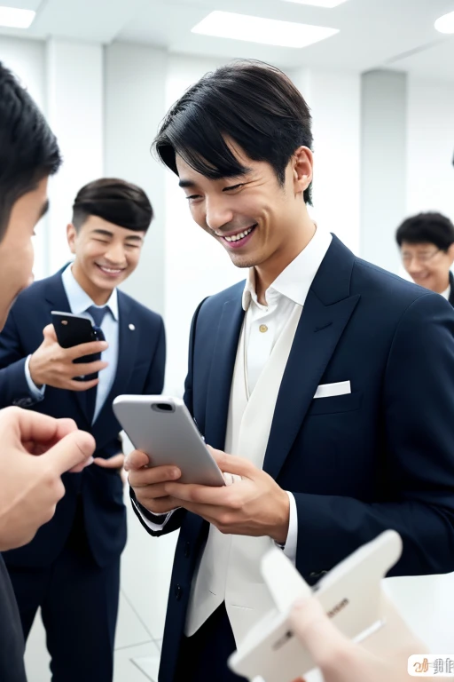 Man looking at smartphone x2,a smile,Handsome Japanese 30 year old man,I have a smartphone,Being in a white room,wears a suit,Group of 2,chum