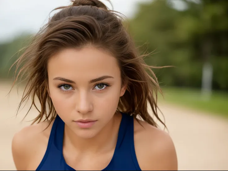 (((masterpiece))), ((one) girl 26 year old) (((Caucasian))) ((small breast)) French girl with shoulder length messy  brunette hair, she  petite, wearing running gear and ((sports watch)), she running, outdoor running track, taken with, Canon 85mm lens, ext...