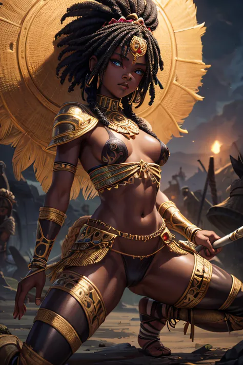 young african teen girl, ancient african tribal warrior, very dark black skin, wielding a pike,,combat stance, facepaint, bodypaint, sexi, small breasts, tribal village in background, highly detailed, vibrant appearance, creative behavior, extremly detaile...