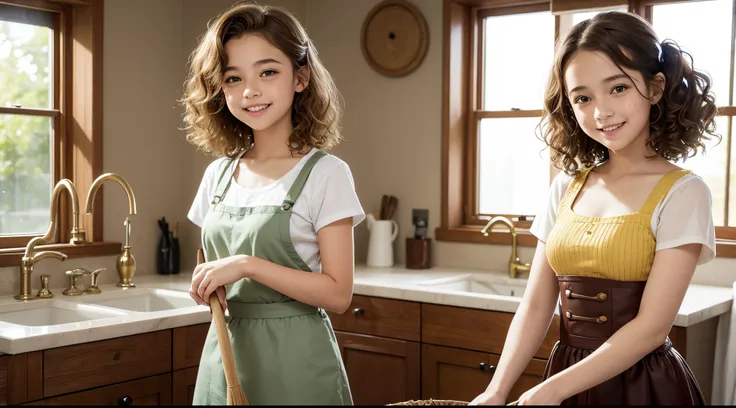 Photorealism, 12 year old girl, pretty 12 year old girl with green eyes, terrible curly hair, naturally curly, golden hair, freckles, housemaid style, smile, cheerfully cleaning with a broom