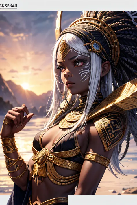 young african teen girl, ancient african tribal warrior, very dark black skin, white hair wielding a pike,,combat stance, facepaint, bodypaint, sexi, small breasts, tribal village in background, highly detailed, vibrant appearance, creative behavior, extre...