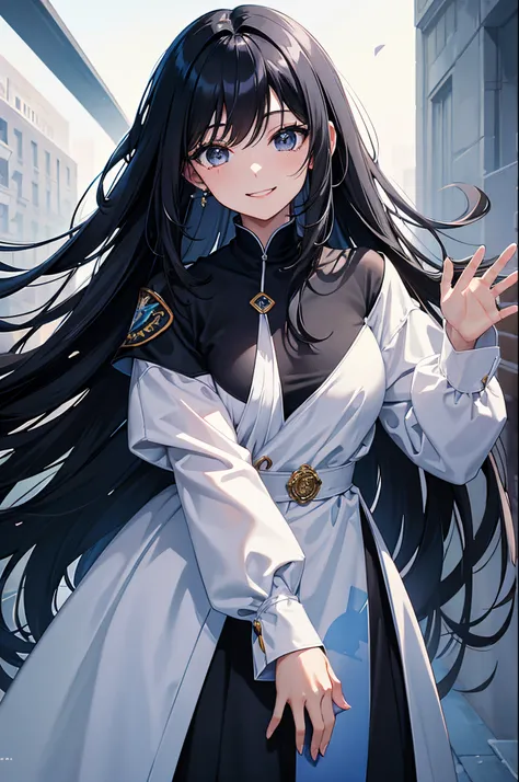 Magazine Cover. Anime. Solo. 1-woman. A young woman with long black hair and black eyes who smiles gently. She is wearing a white clothes embellished in blue. Fantasy theme.