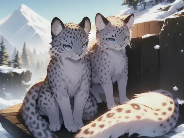 Snow leopard, Blue eyes, on the mountain, Winter, sitting in the snow, sunny day, best quality, Masterpiece