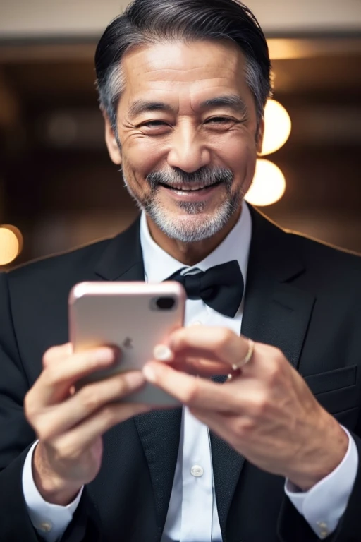 man looking at smartphone,a smile,Handsome Japanese 50 year old man,I have a smartphone,wears a suit