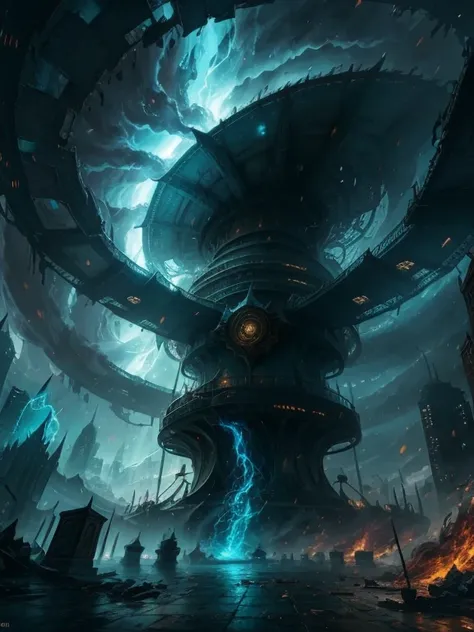 draw me an enormous cyclone in a city with fantasy style of magic the gathering, destruction of the builds