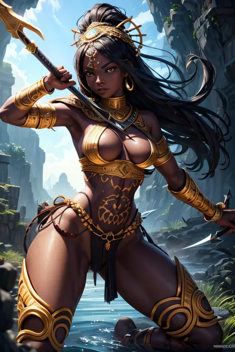 young african teen girl, ancient african tribal warrior, very dark black skin, wielding a pike,,combat stance, facepaint, bodypaint, sexi, tribal village in background, highly detailed, vibrant appearance, creative behavior, extremly detailed, imaginative,...