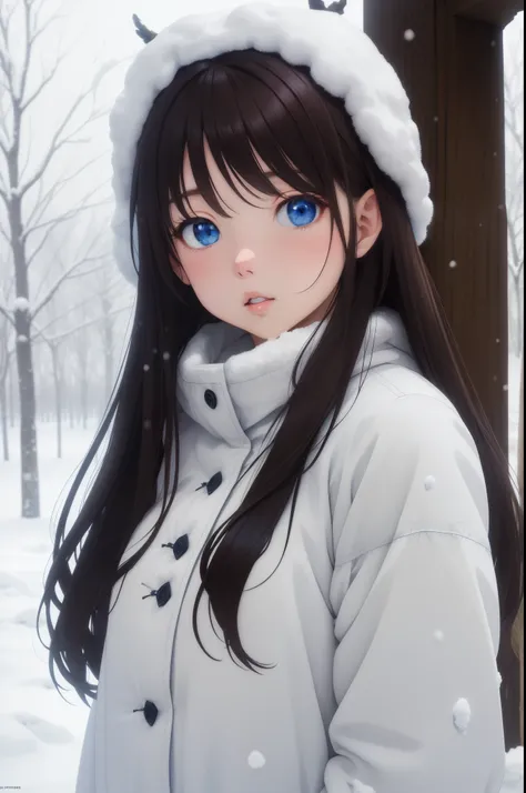 1个Giant Breast Girl, Alone, eBlue eyes, brunette color hair, long whitr hair, yuki, looking at viewert, nevando, Open, snowflower, The upper part of the body, cparted lips, fuzzy, Winters, Outdoor activities, vague background, actual,