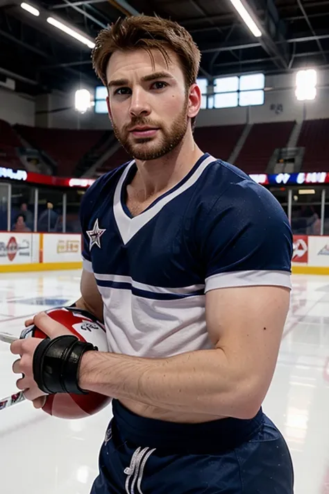 chris evans is a ice hockey player, muscular body, he is in an ice rink