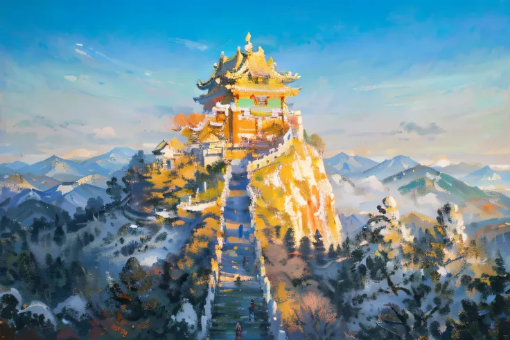 tmasterpiece、quality、impresionismo,paintings by professional painters,claude monet,mountain scene，there are paths and towers, th...