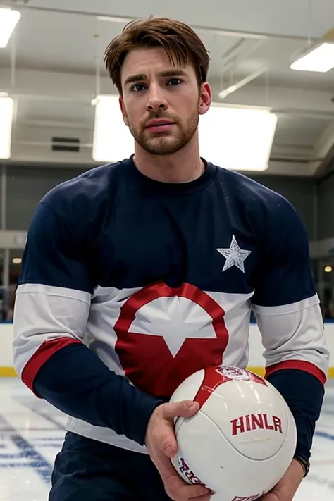 chris evans is a ice hockey player, muscular body, he is in an ice rink