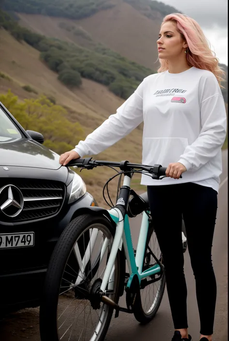 mulher arafiada parada ao lado de um carro com uma bicicleta, Motivacional,  Video screenshot, Mercedes, 🤬 🤮 💕 🎀, em frente a uma garagem, easy to understand, Detalhe perfeito, effortless, imagem de uma motociclista feminina, Directed by: Edwin Georgi, Dir...