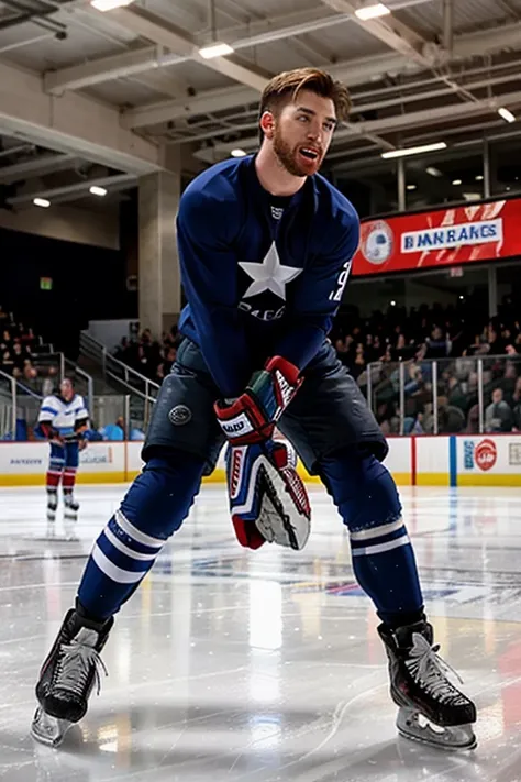 chris evans is a ice hockey player, muscular body, he is in an ice rink