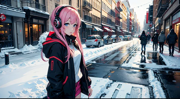 sexy anime girl listening to music in the city street with a snowy