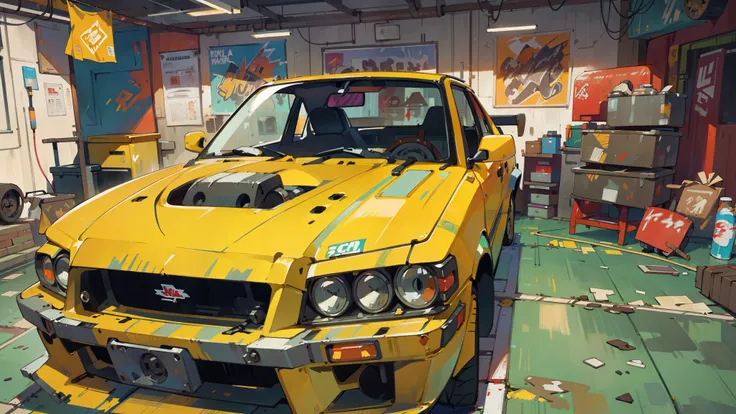 a drift car garage, (best quality,highres:1.2),(realistic:1.37), HDR lighting, vibrant colors, rusty walls, concrete floors, mechanic tools, stacked tires, smoky atmosphere, graffiti art, rear-wheel drive drift cars, engine parts, exhaust pipes, spare tire...