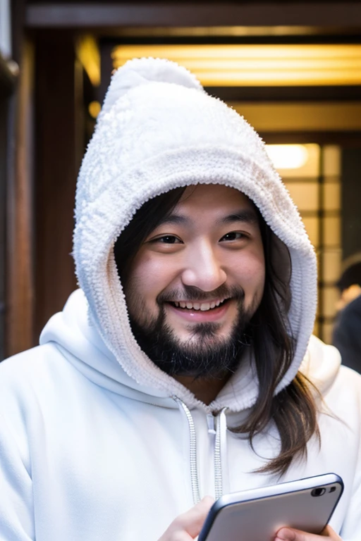 Fat long-haired man looking at smartphone,a smile,30 year old Japanese man,Wearing a white hoodie,long hair