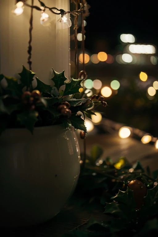 (realistic photography, high detail, panoramic view), many Christmas lights, green Christmas decorations, diffused light, shallow depth of field