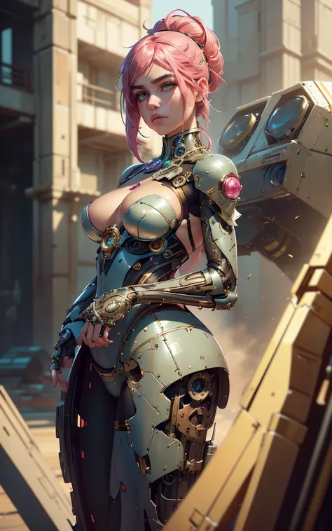 8k portrait of beautiful (cyborg) with pink hair, (Dua Lipa) , mecha musume scifi body suit, pauldrons, intricate, elegant, highly detailed, majestic, digital photography, art by artgerm and ruan jia and greg rutkowski surreal painting reflective, hairpin ...