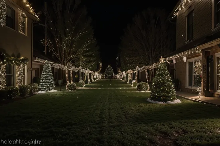 (realistic photography, high detail), many Christmas lights, green Christmas decorations, diffused light.