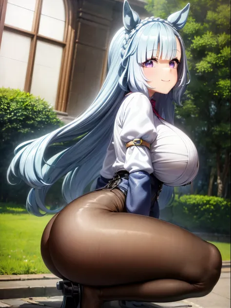 (masterpiece, quality, Details), (Anime screenshots:1.10), 1 girl, (Mejiro Adan (fresh beans) ), (long whitr hair:1.2), cute big breasts, 30 age old, ((ultra high leg tights:1.10)), (adorable smile, Happy), (Saggy big breasts:1.5), (Puffy:1.5), (Squat, :1....